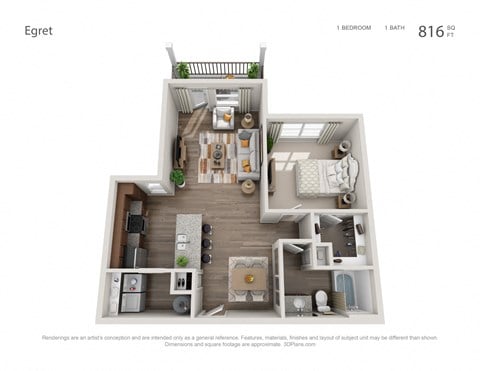 Floor plan for 1 bed, 1 bath, 816 sqft